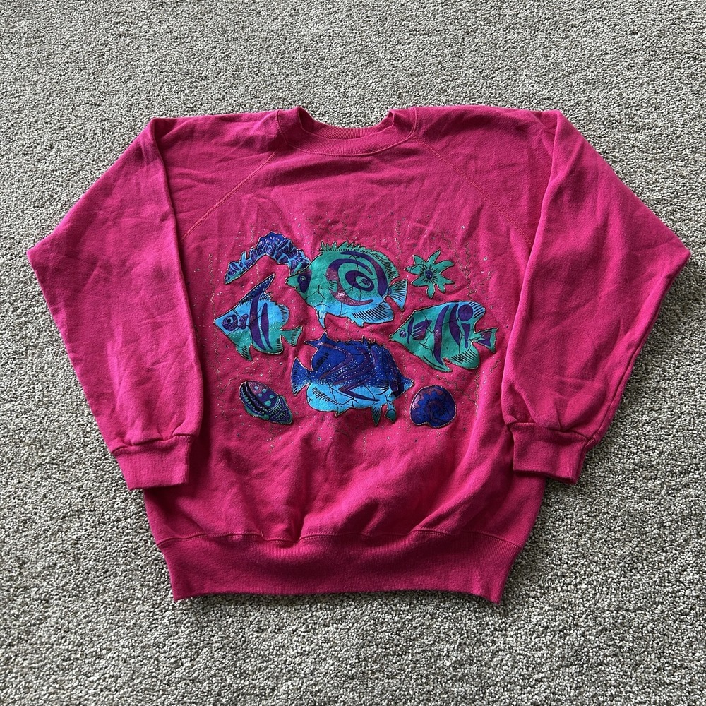 Vintage Hanes Sweatshirt Mens Large Pink Fleece Pullover Fish Graphic Glitter